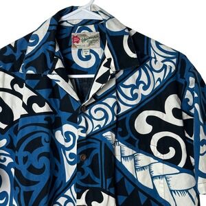 Hilo Hattie Hawaiian Shirt Men M Blue Tribal Graphic Print Camp Button Down
